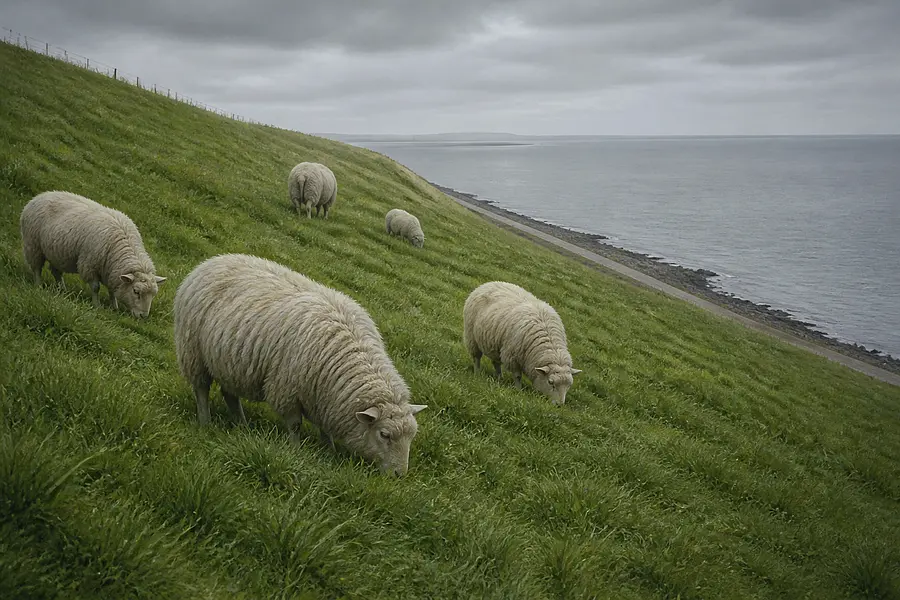 Stilisierte Darstellung: Schafe grasen auf einem grünen Deich an der Nordsee
