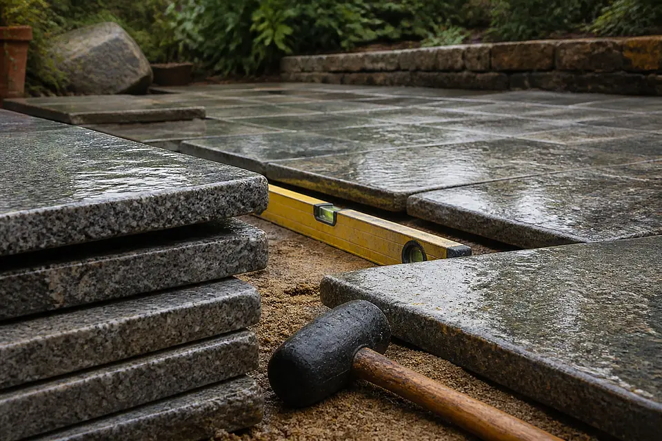 Stilisierte Darstellung: Platten, Hammer und Wasserwaage