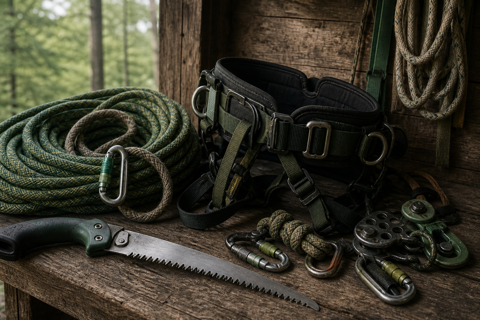 Stillleben: Kletterseil, Gurt und Säge, ohne Personen