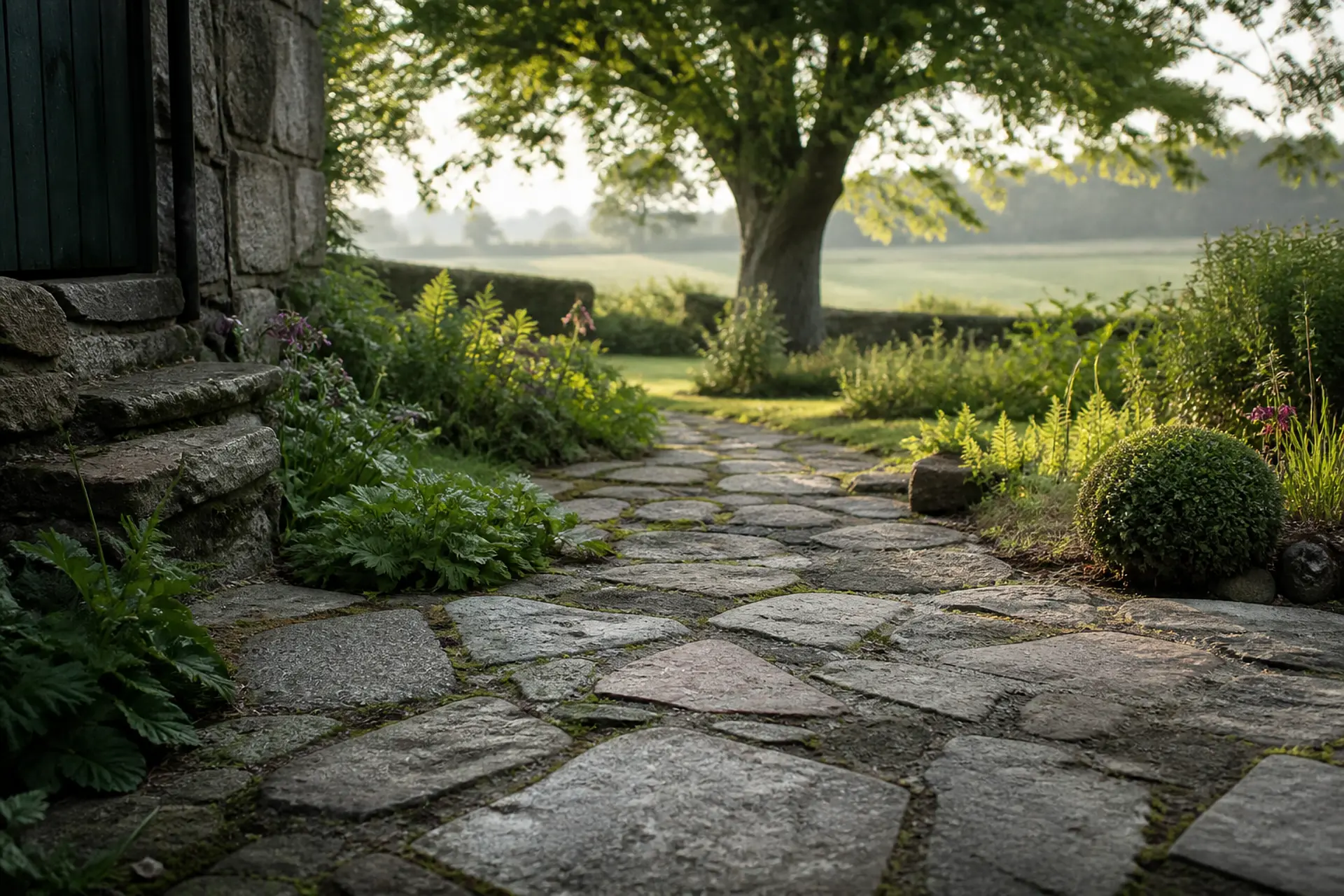 Stilisierte Darstellung: Natursteinweg durch einen norddeutschen Garten