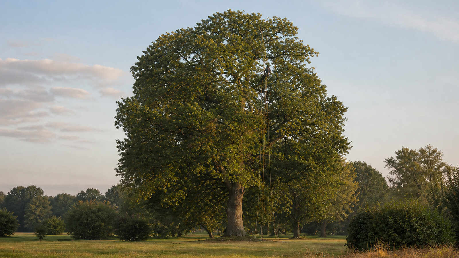 Großer Baum in der Totalen, kleiner Kletterer in der Krone an gespannten Seilen
