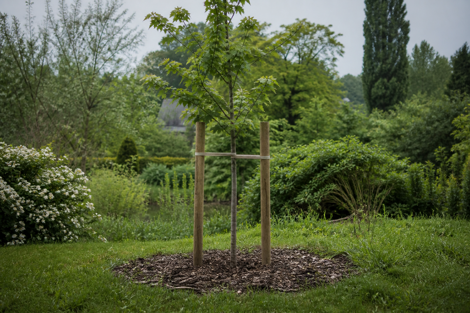 Stilisierte Darstellung: frisch gepflanzter Jungbaum mit Pfahl