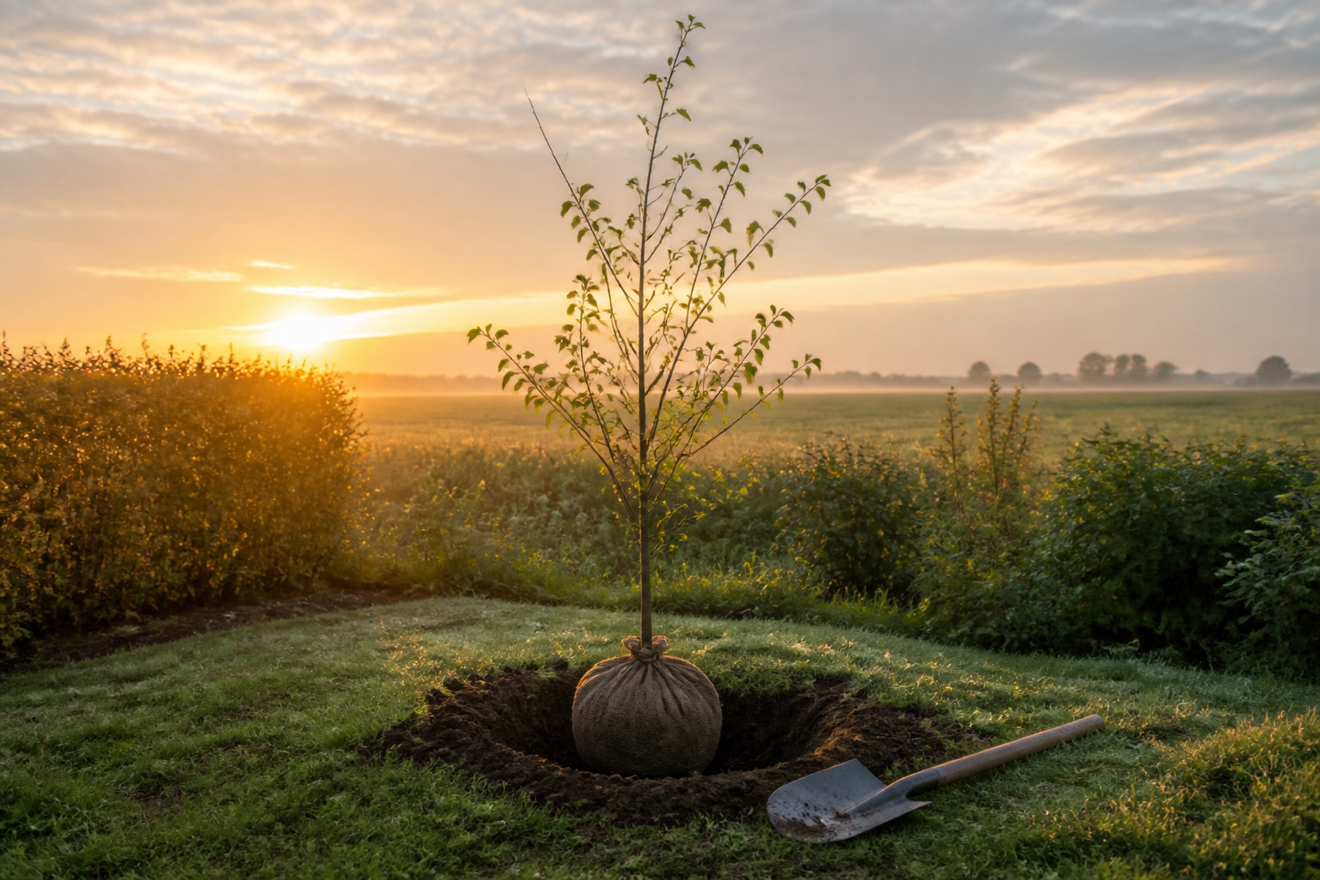 Stilisierte Darstellung: Jungbaum mit Wurzelballen vor der Pflanzung