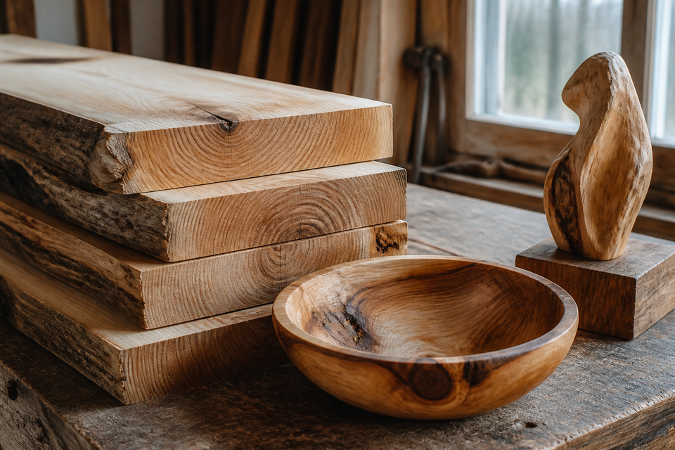 Stilisierte Darstellung: Eichenbretter und Holzschale mit Jahrringen