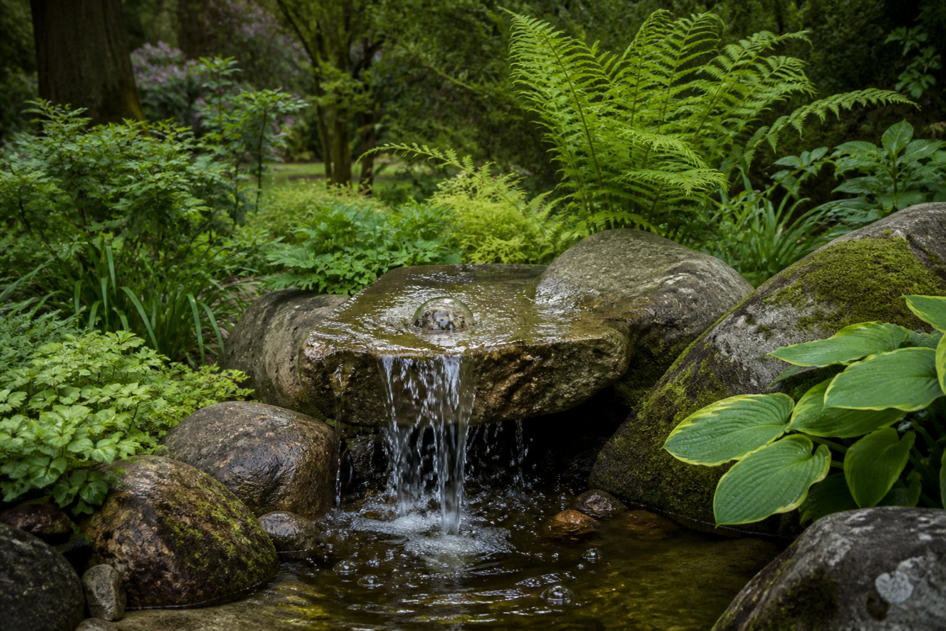 Stilisierte Darstellung: Quellbrunnen aus Naturstein in einem Garten