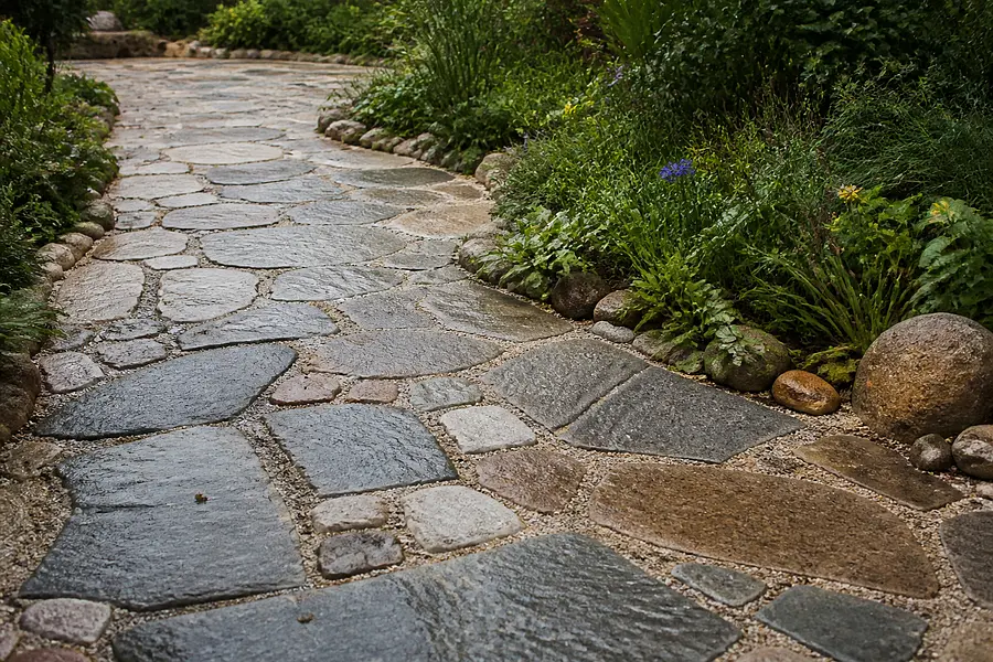 Stilisierte Darstellung: verlegte Natursteinplatten im Detail
