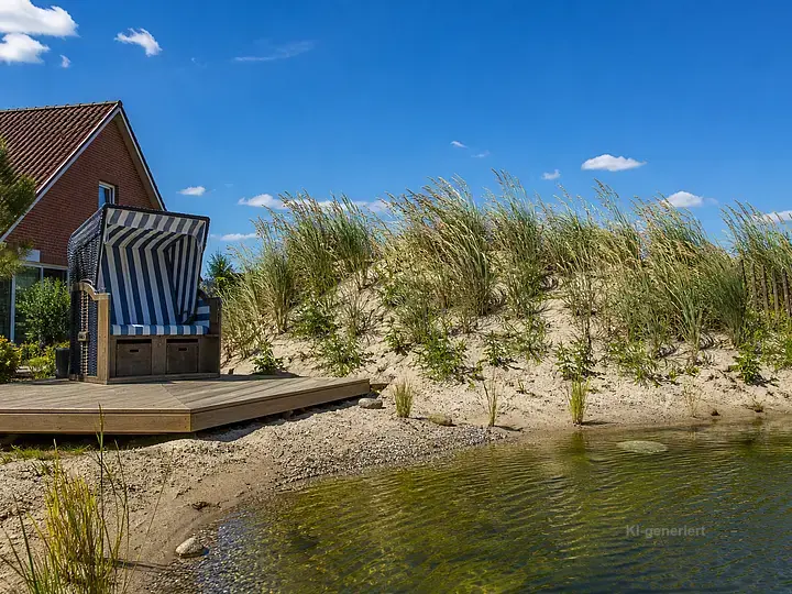 Düne und Strandkorb am Gartenteich