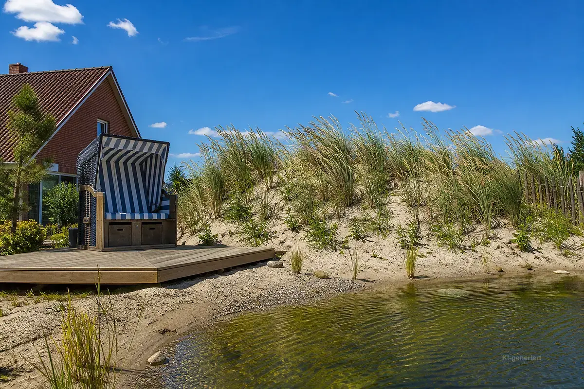 Düne und Strandkorb am Gartenteich
