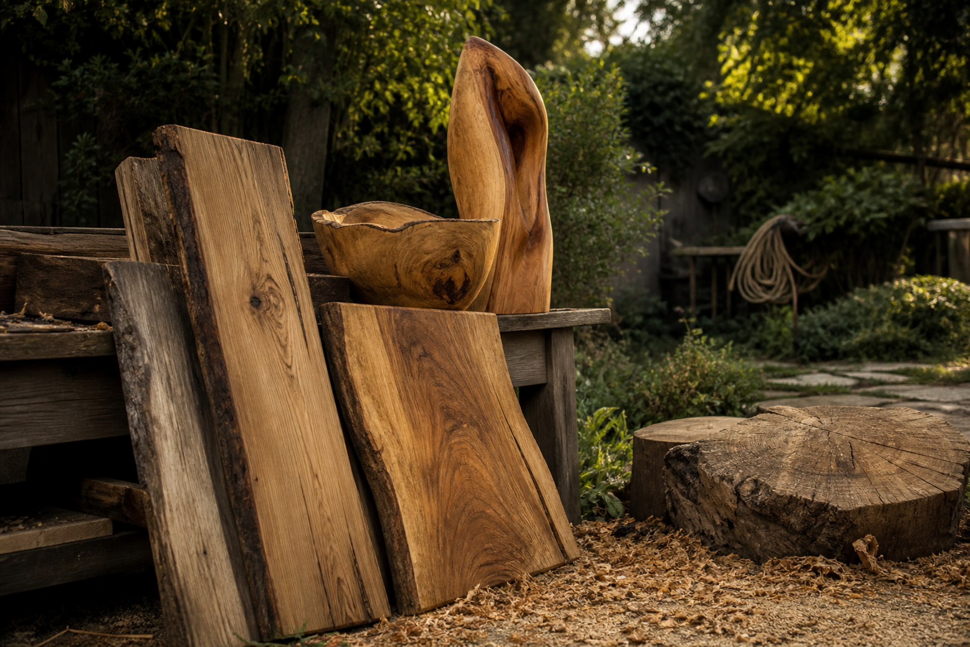 Stilisierte Darstellung: Bretter und Holzskulptur aus einem gefällten Baum